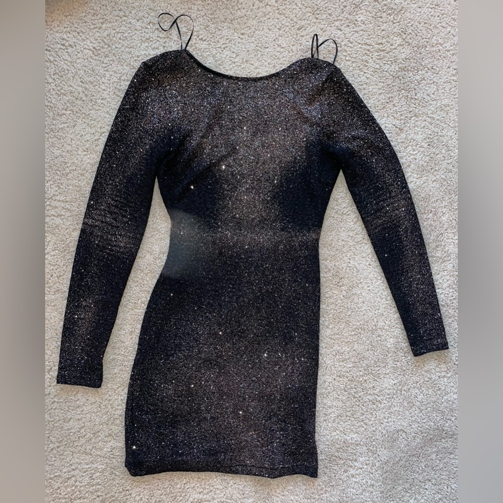 Windsor sparkly long sleeve bodycon mini dress, black with purple glitter, sizeM